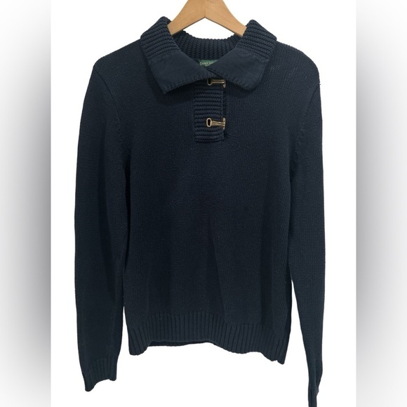 Lauren Jeans Company Ralph Lauren Cotton Shawl Collar Metal Closure Navy Sweater - Picture 1 of 7